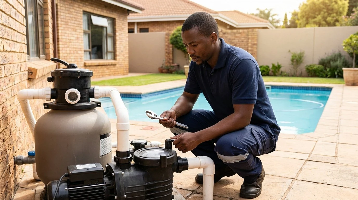 Pool technician using a spanner to repair pump plumbing at a face-brick South African home
