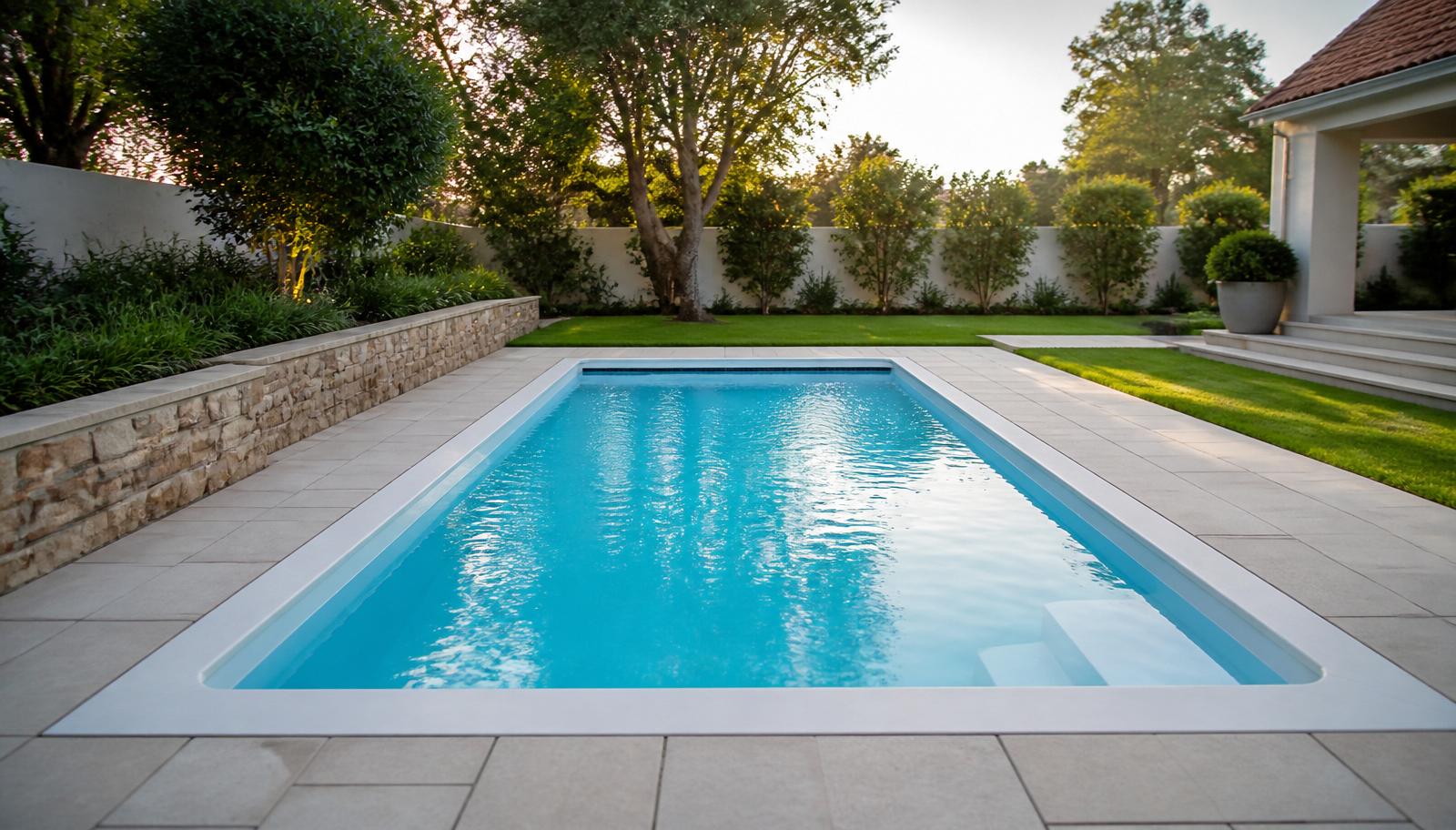 Fibreglass swimming pool with smooth gel-coat shell in a South African garden