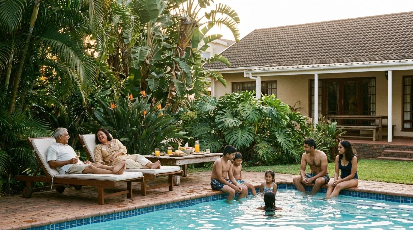 Multigenerational South African family around a Durban garden pool with subtropical planting