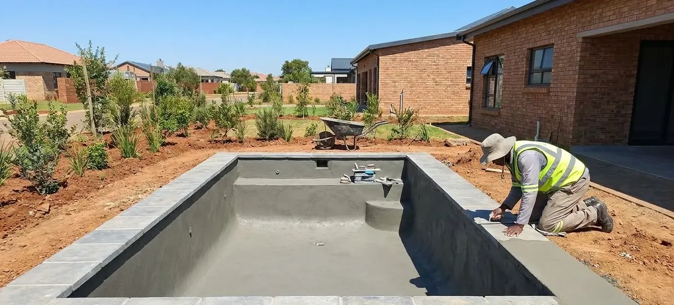 Reinforced concrete pool shell under construction with rebar and shuttering visible