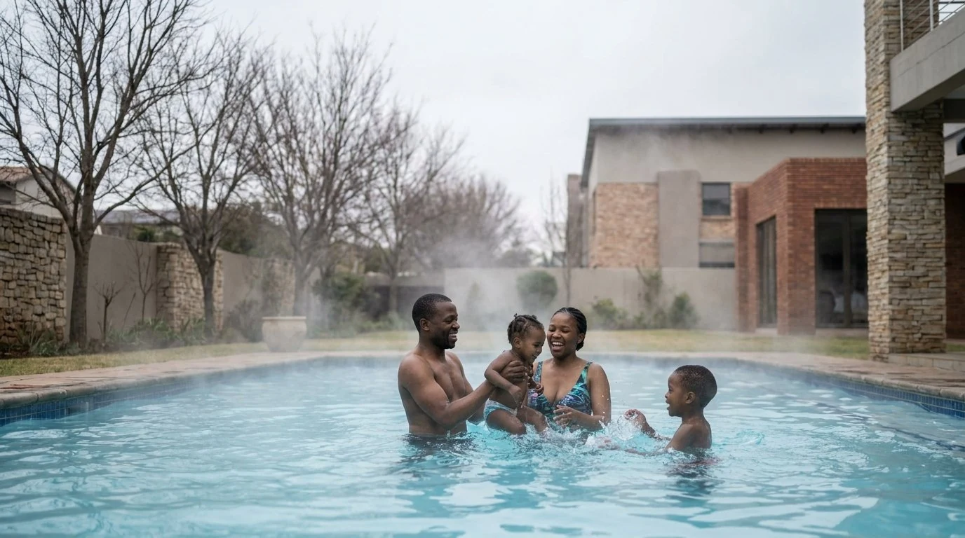 Family swimming in a heated South African pool on a cold winter morning — running-cost story
