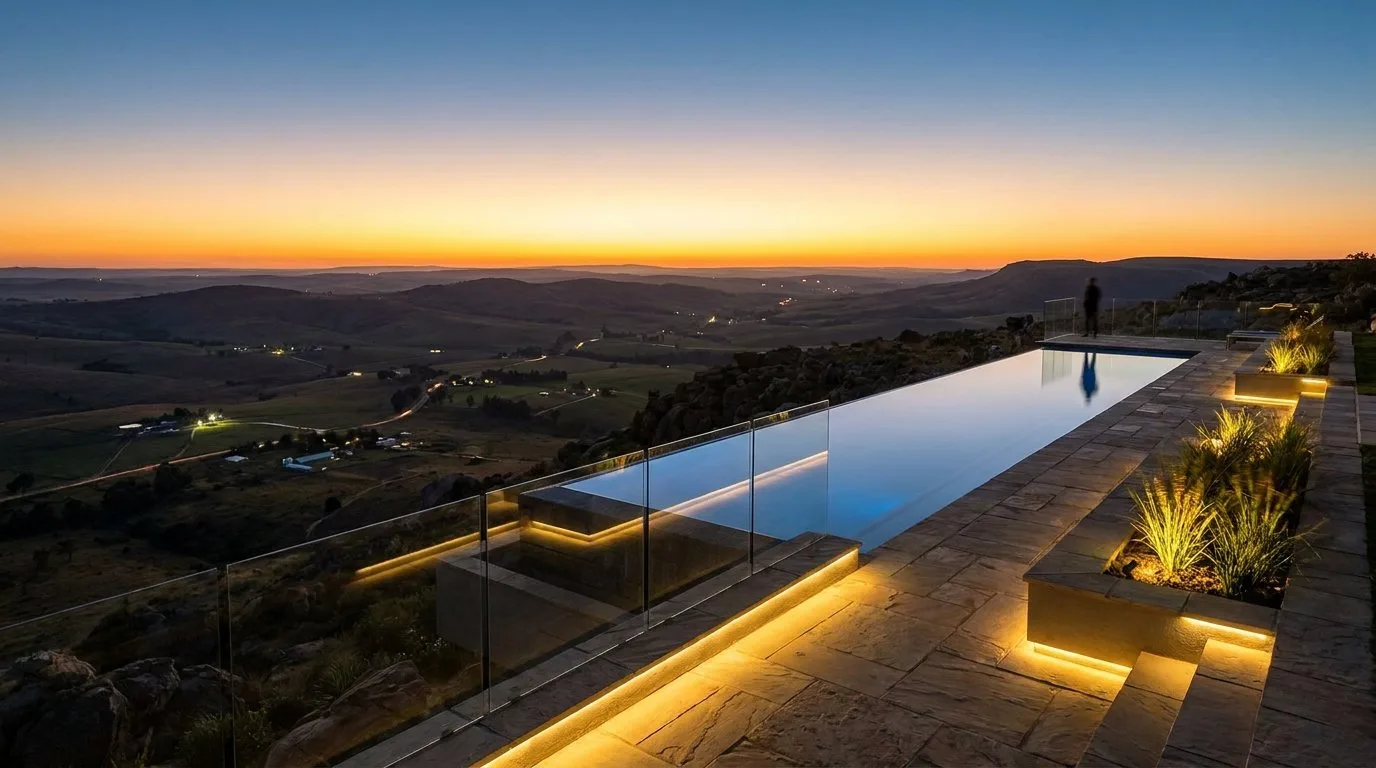 Vanishing-edge pool on a stone terrace overlooking the valley at dusk
