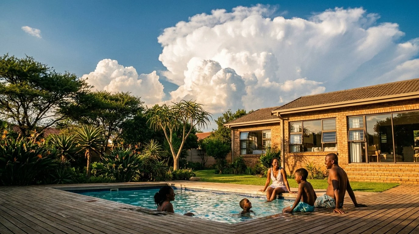 South African family beside a Johannesburg backyard pool at golden hour on the Highveld