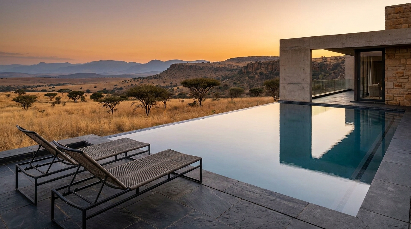Infinity pool reflecting a concrete and sandstone South African home with bushveld and mountains beyond at dusk