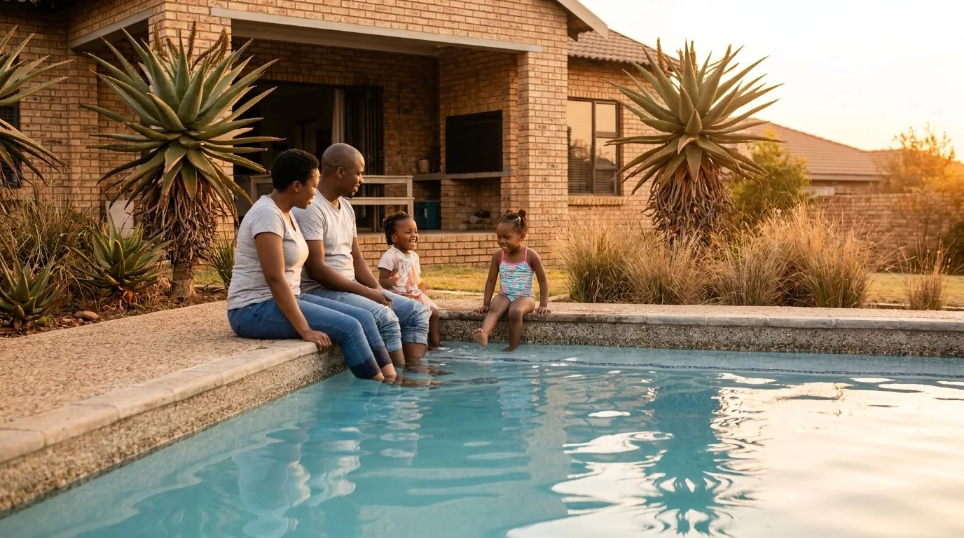 South African family relaxing by a concrete pool at golden hour in a Johannesburg garden