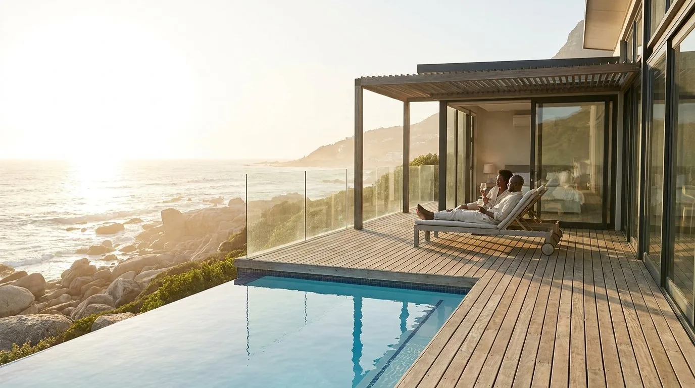 Couple on loungers beside an infinity pool with Cape Town coastal views