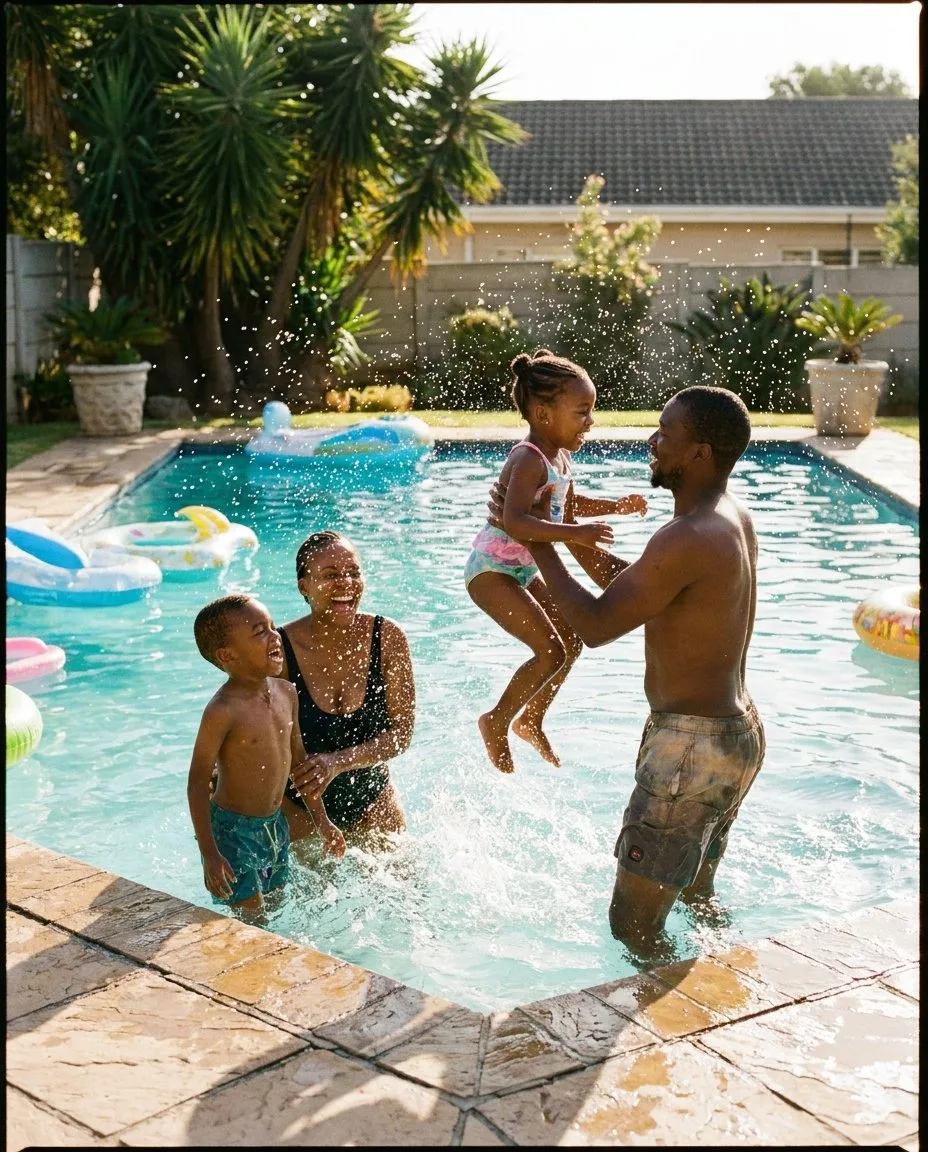 Father lifting his laughing toddler in the pool while the family plays