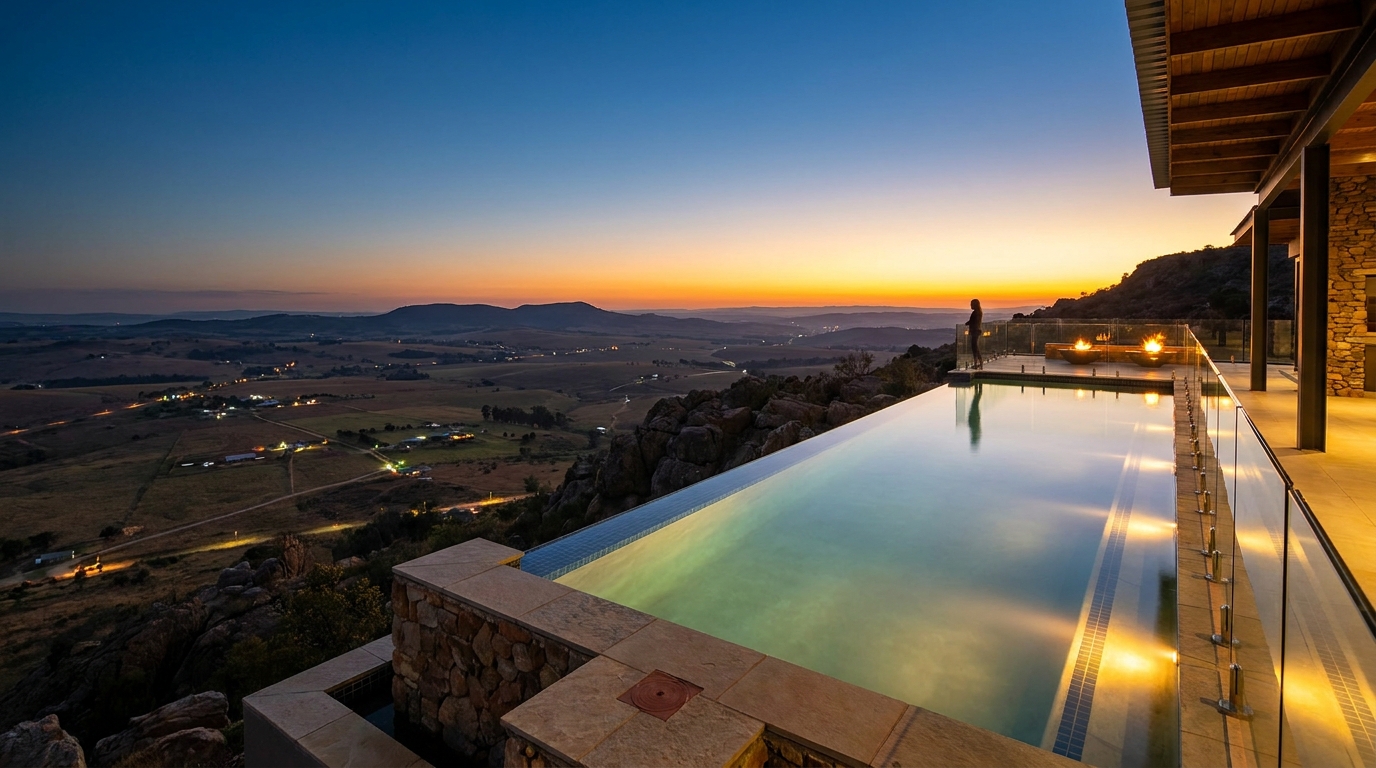 Clifftop infinity pool at sunset overlooking the South African Highveld, with rolling hills and twilight sky