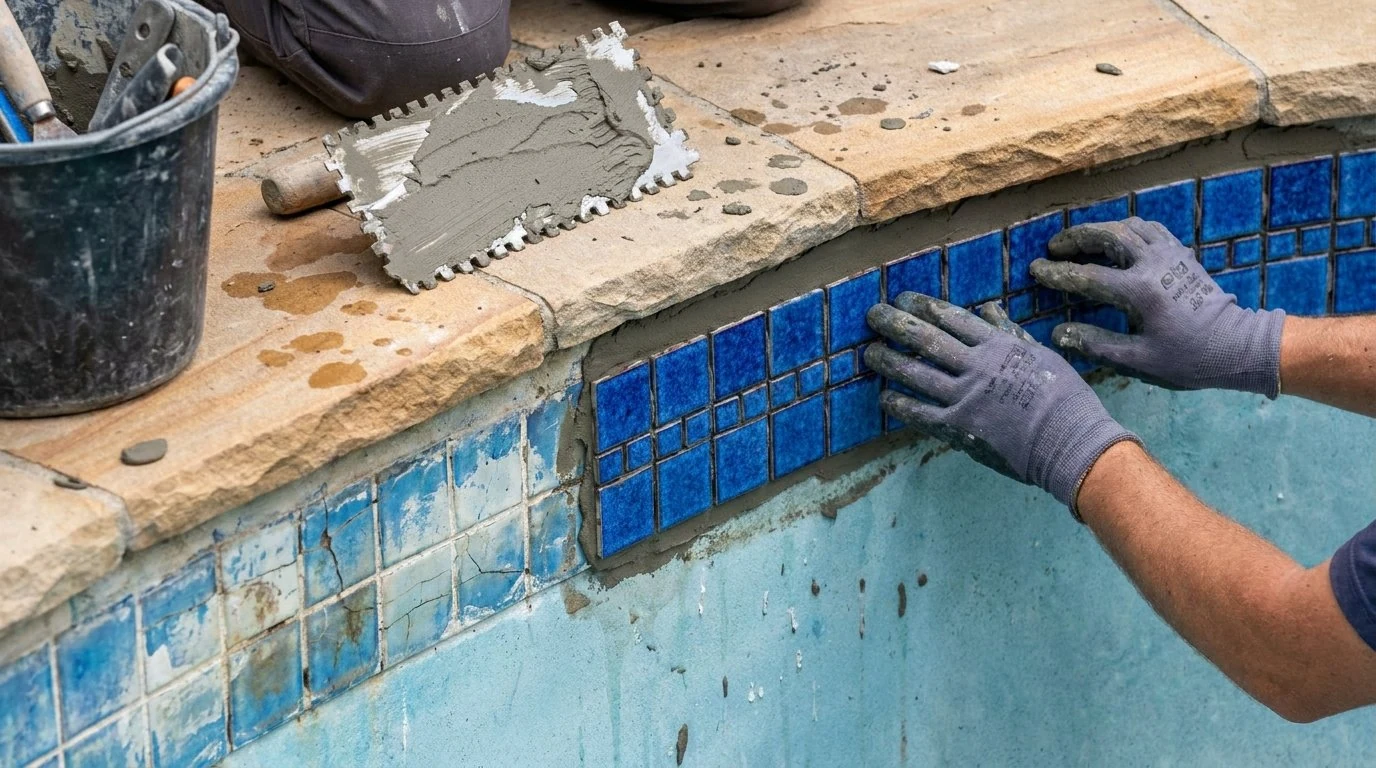 Tiler installing new glass waterline tiles on a swimming pool during a renovation