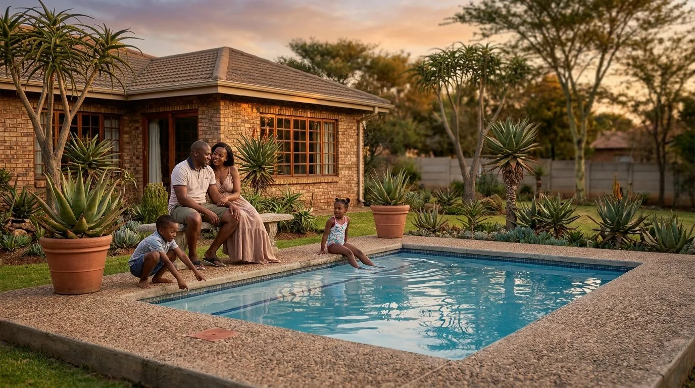 Black South African family sitting at the pool edge with feet in the water at sunset