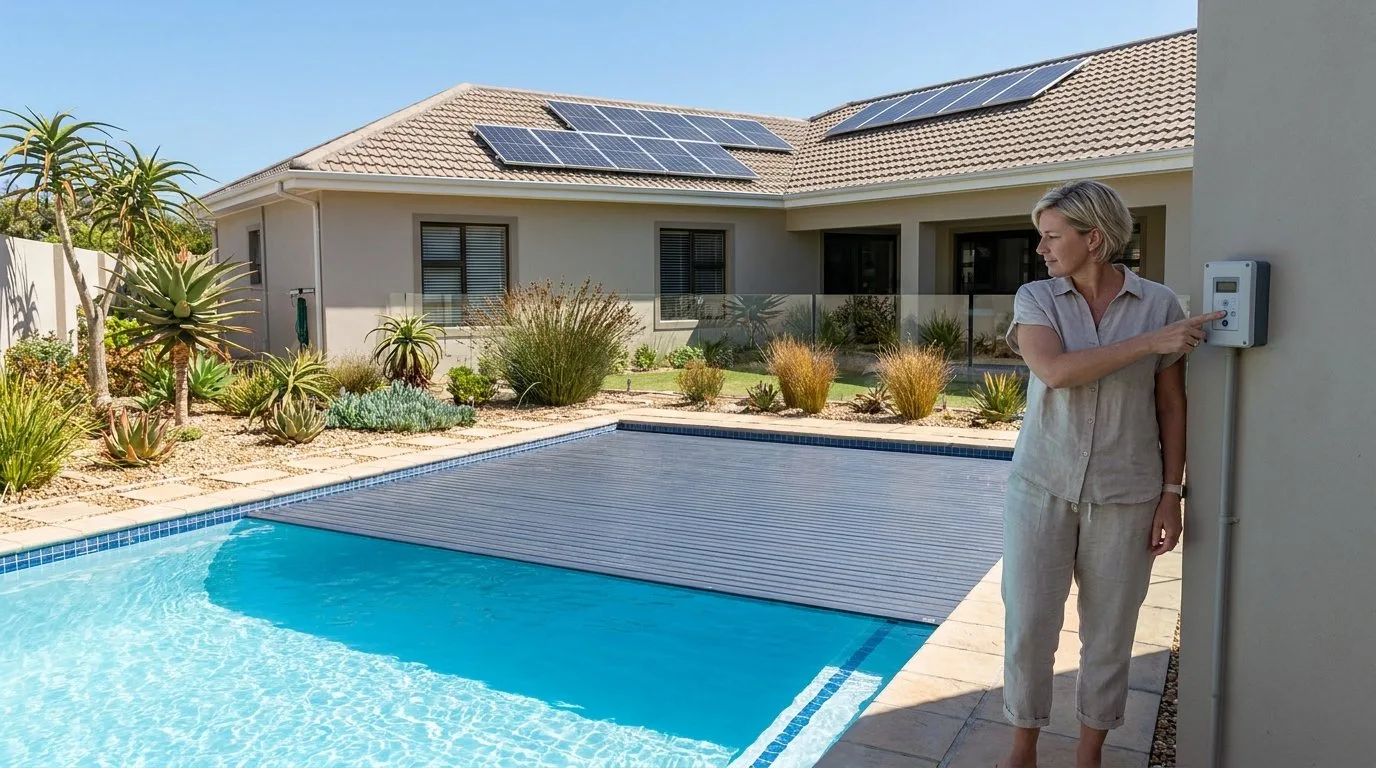 Automatic slatted pool cover rolling across a pool at a water-wise South African home