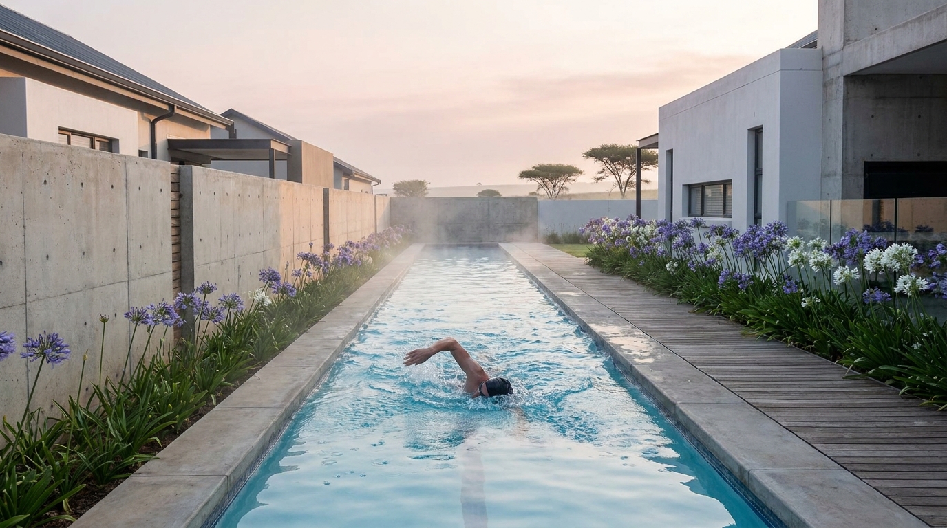 Swimmer mid-stroke in a narrow lap pool between modern South African homes at dawn with agapanthus borders