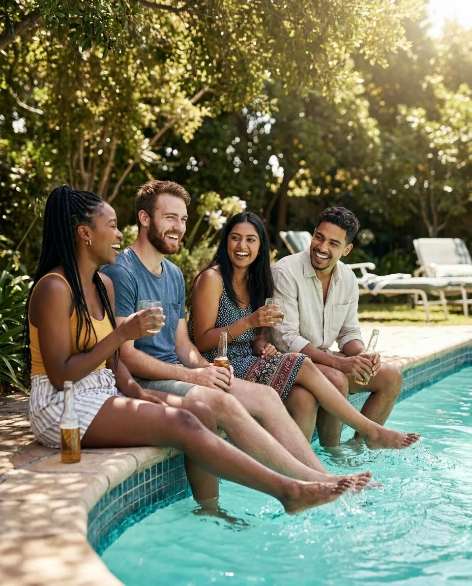 Diverse group of friends laughing with drinks at the edge of a sunny pool