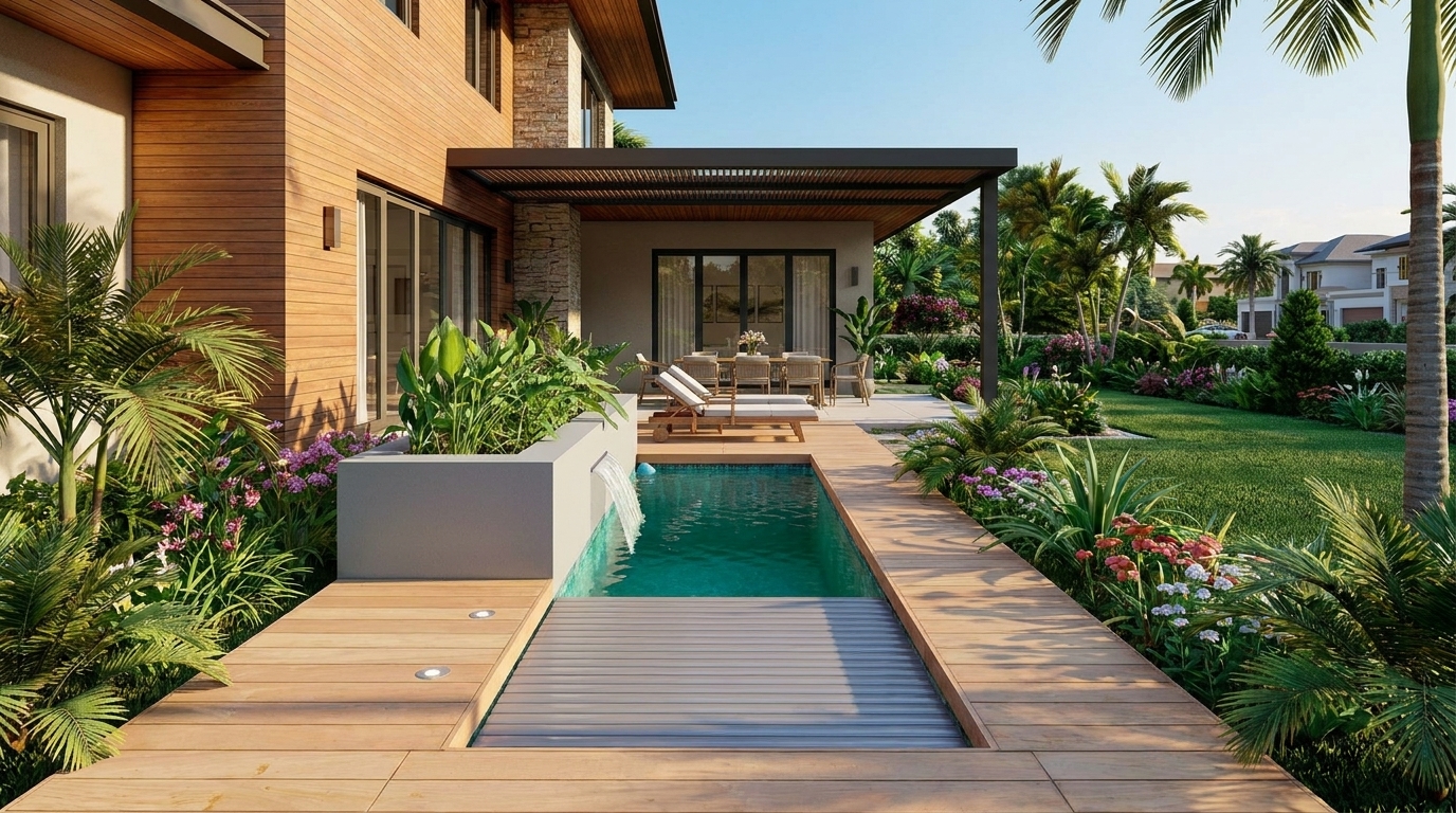 Slatted automatic pool cover closing across a lap pool beside a pergola and tropical garden