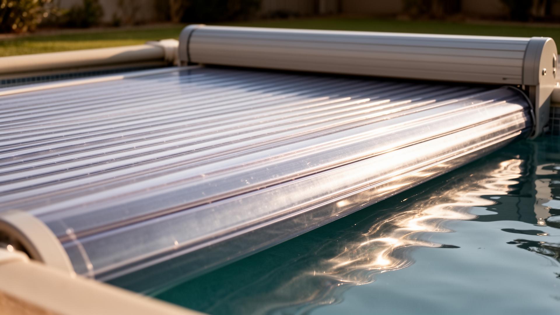 Close-up of a slatted automatic pool cover unrolling across the water surface of a backyard pool