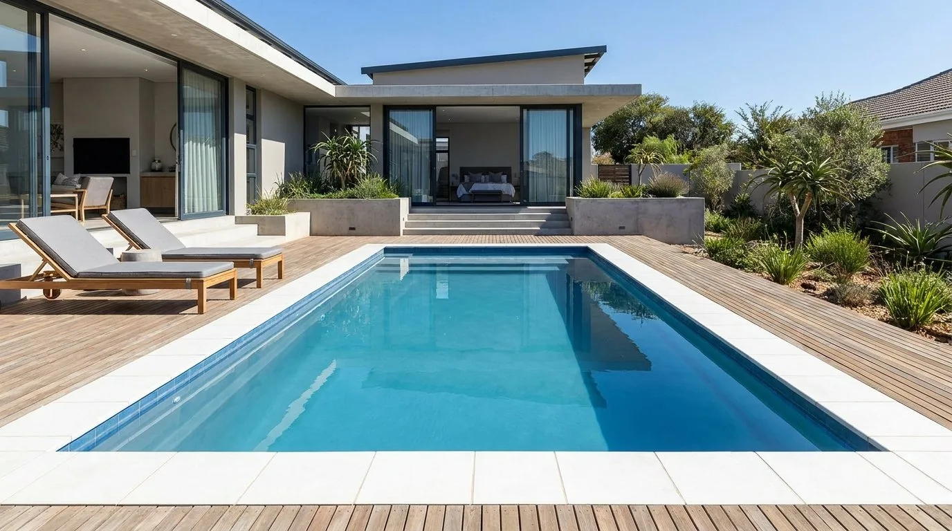 Contemporary double-storey Johannesburg home with a clean rectangular fibreglass pool