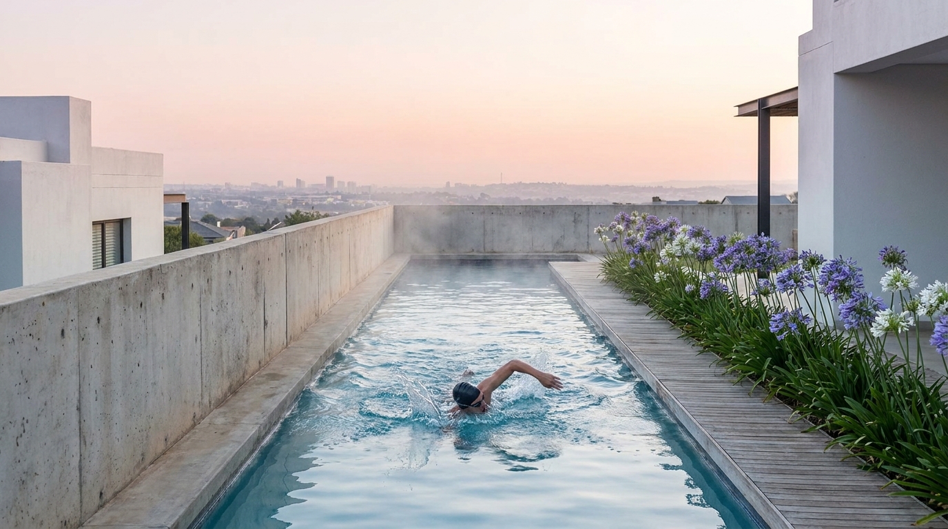 Swimmer doing freestyle in a narrow lap pool at a South African home in misty Highveld dawn light
