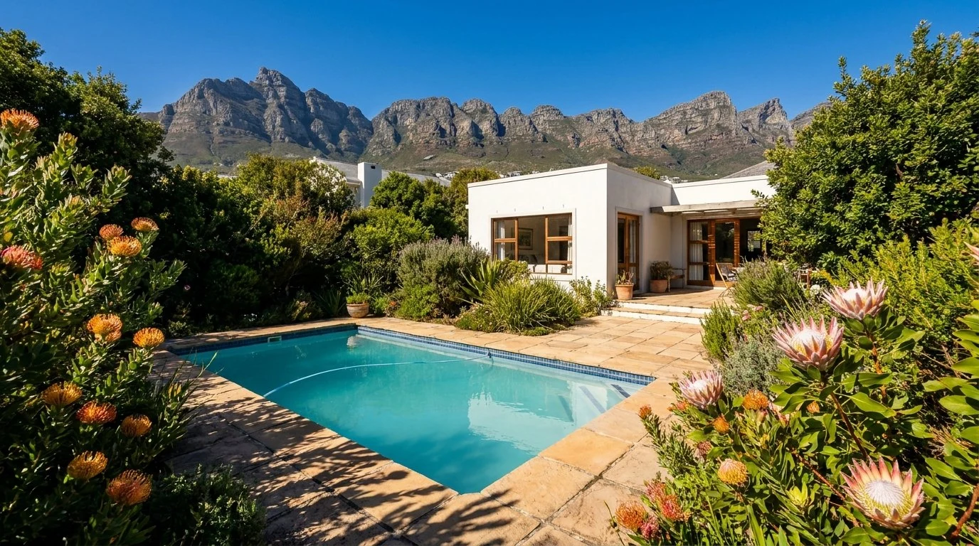 Cape Town swimming pool overlooking the Twelve Apostles mountain range at sunset