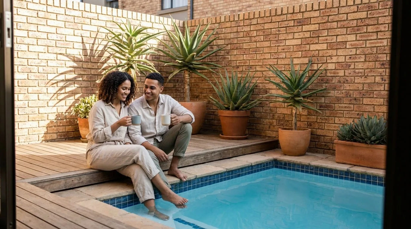 Mixed-heritage couple relaxing by a small plunge pool in a townhouse courtyard