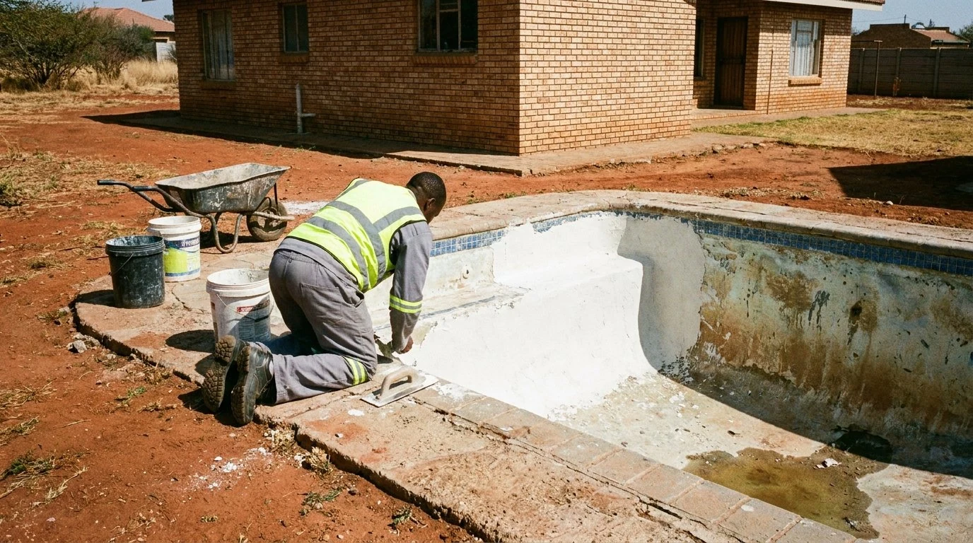 Plasterer applying fresh marbelite to a drained swimming pool shell during renovation